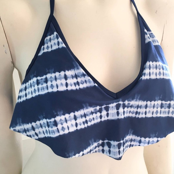 BOBBIE BROOKS Tie Dye Stripe Flounce Front Halter Tie Swim Top SZ L - Picture 4 of 11